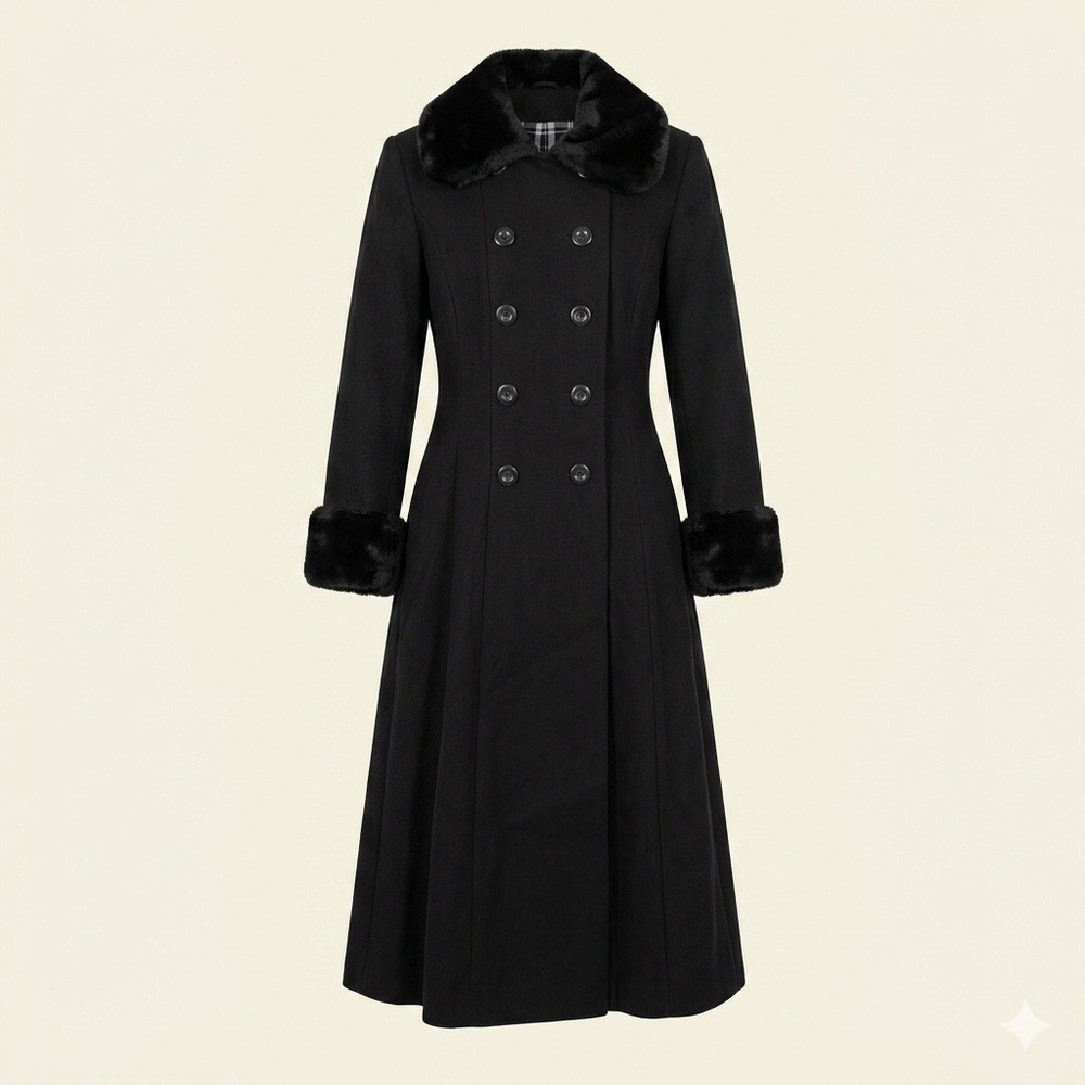 Braefair Vintage Womens Black Wool Double Breasted Fur Trim Maxi Coat S M 8